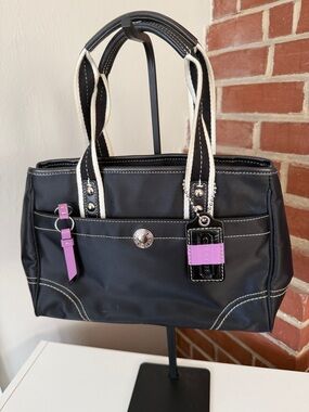 Coach Hampton Nylon Tote Black White Stitch Stripe Hangtag Y2K Shoulder Bag